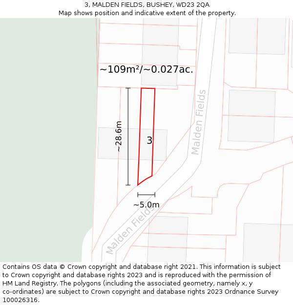 3, MALDEN FIELDS, BUSHEY, WD23 2QA: Plot and title map