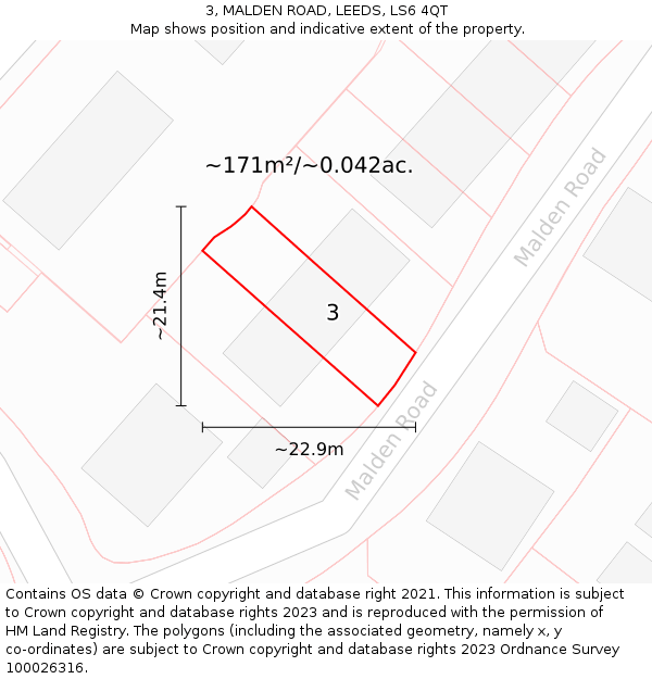 3, MALDEN ROAD, LEEDS, LS6 4QT: Plot and title map