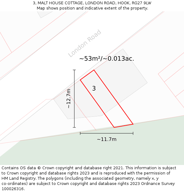 3, MALT HOUSE COTTAGE, LONDON ROAD, HOOK, RG27 9LW: Plot and title map