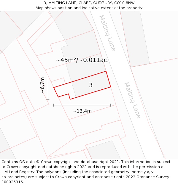 3, MALTING LANE, CLARE, SUDBURY, CO10 8NW: Plot and title map