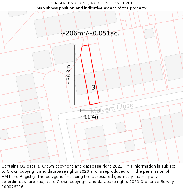 3, MALVERN CLOSE, WORTHING, BN11 2HE: Plot and title map