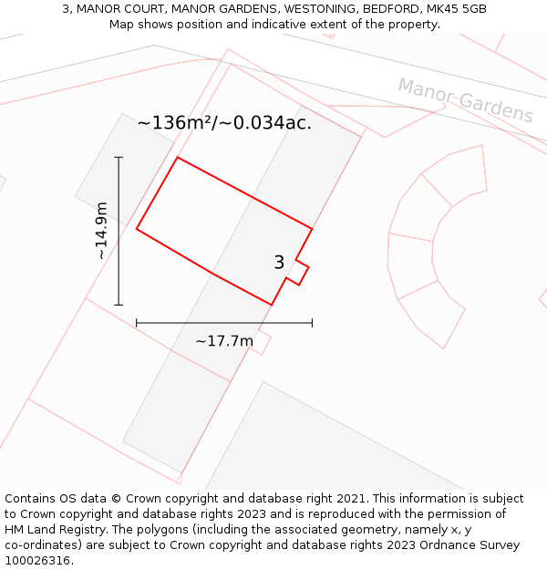 3, MANOR COURT, MANOR GARDENS, WESTONING, BEDFORD, MK45 5GB: Plot and title map