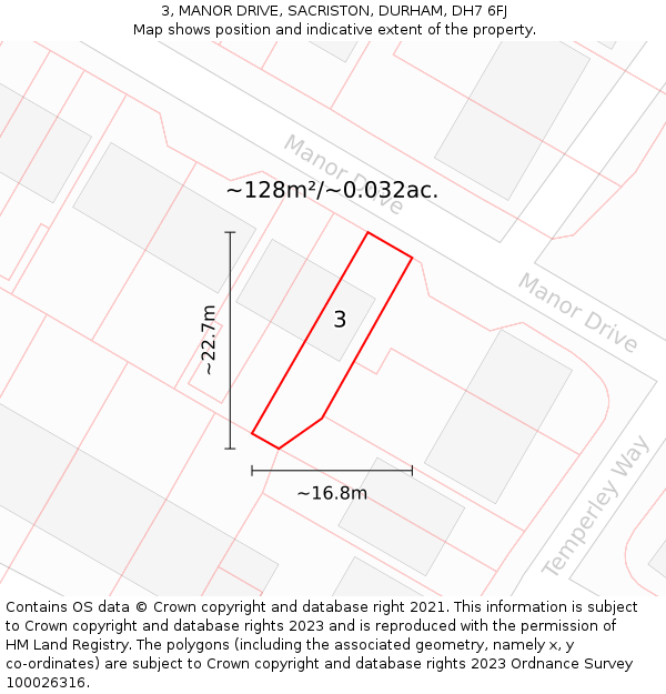 3, MANOR DRIVE, SACRISTON, DURHAM, DH7 6FJ: Plot and title map
