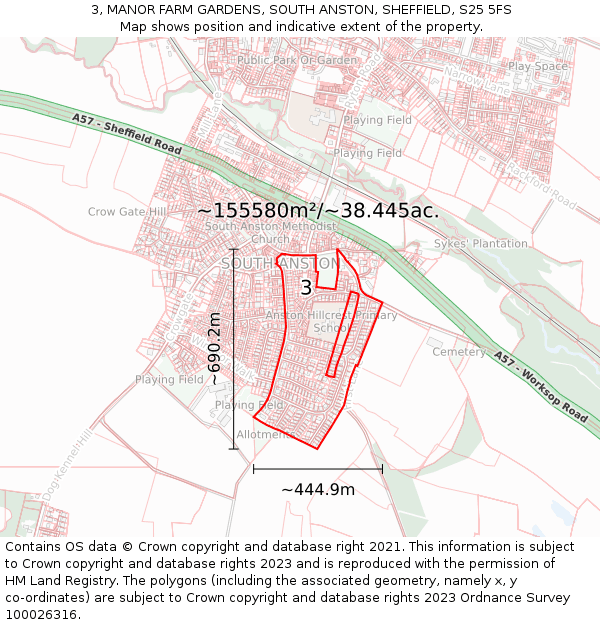 3, MANOR FARM GARDENS, SOUTH ANSTON, SHEFFIELD, S25 5FS: Plot and title map