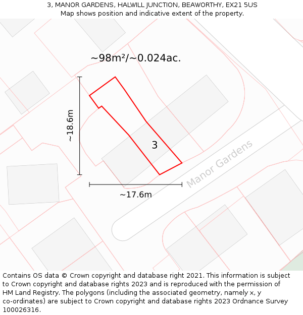 3, MANOR GARDENS, HALWILL JUNCTION, BEAWORTHY, EX21 5US: Plot and title map
