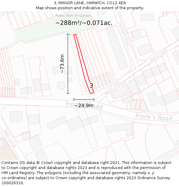 3, MANOR LANE, HARWICH, CO12 4EA: Plot and title map