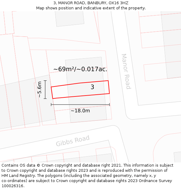 3, MANOR ROAD, BANBURY, OX16 3HZ: Plot and title map