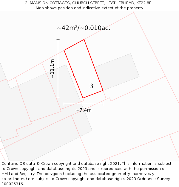 3, MANSION COTTAGES, CHURCH STREET, LEATHERHEAD, KT22 8EH: Plot and title map