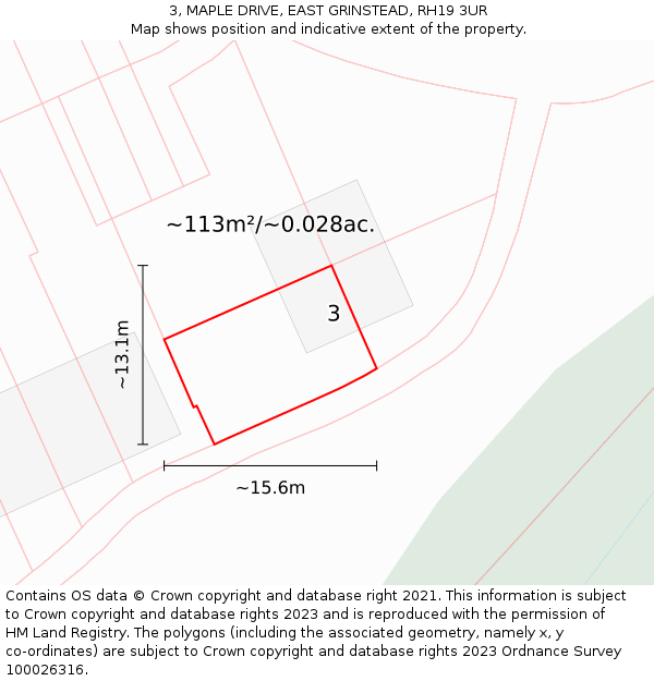 3, MAPLE DRIVE, EAST GRINSTEAD, RH19 3UR: Plot and title map