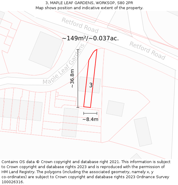 3, MAPLE LEAF GARDENS, WORKSOP, S80 2PR: Plot and title map