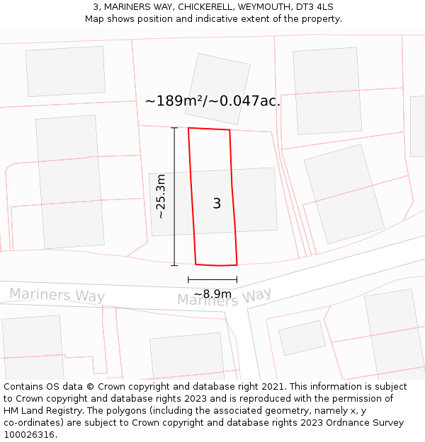 3, MARINERS WAY, CHICKERELL, WEYMOUTH, DT3 4LS: Plot and title map