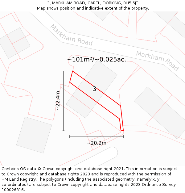 3, MARKHAM ROAD, CAPEL, DORKING, RH5 5JT: Plot and title map