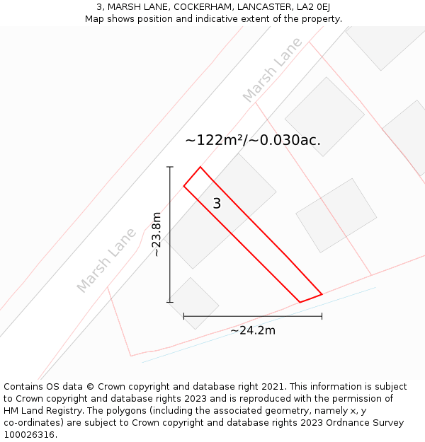 3, MARSH LANE, COCKERHAM, LANCASTER, LA2 0EJ: Plot and title map
