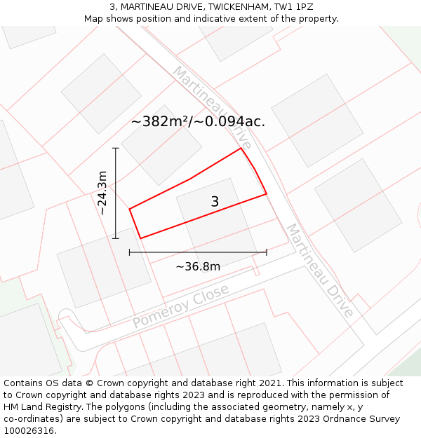 3, MARTINEAU DRIVE, TWICKENHAM, TW1 1PZ: Plot and title map