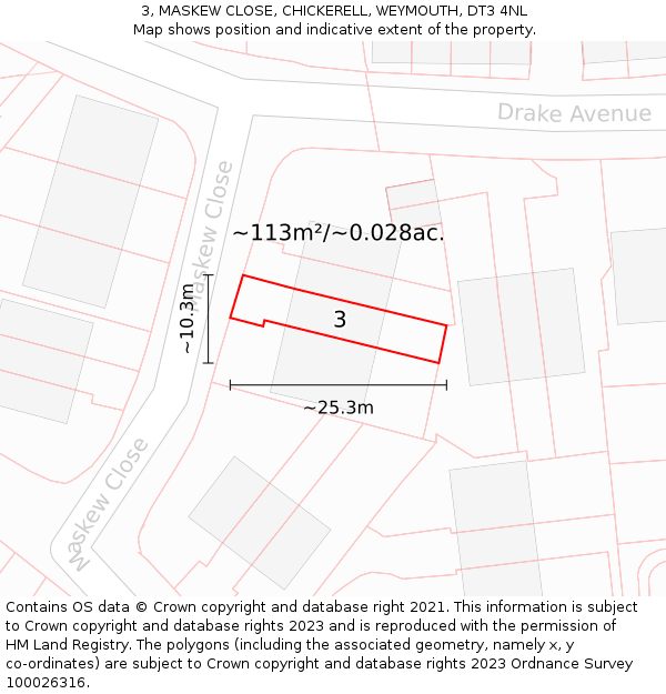3, MASKEW CLOSE, CHICKERELL, WEYMOUTH, DT3 4NL: Plot and title map