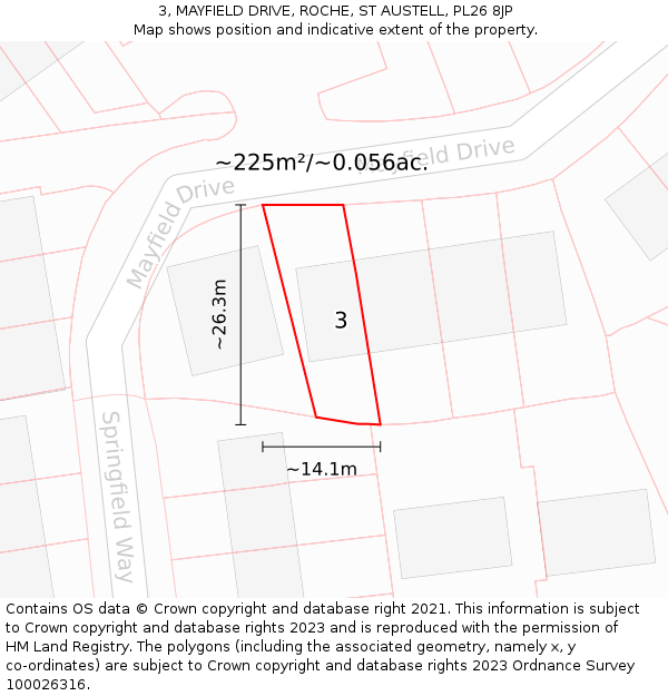 3, MAYFIELD DRIVE, ROCHE, ST AUSTELL, PL26 8JP: Plot and title map