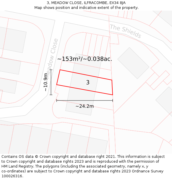 3, MEADOW CLOSE, ILFRACOMBE, EX34 8JA: Plot and title map