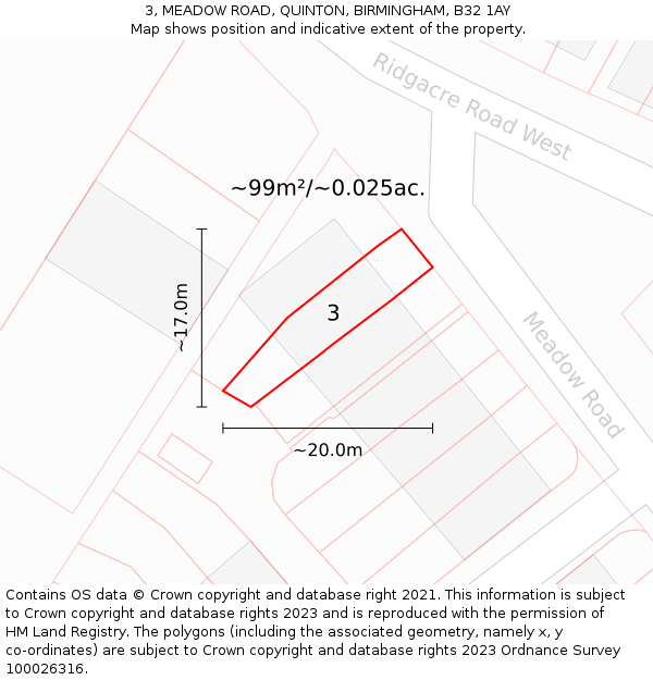 3, MEADOW ROAD, QUINTON, BIRMINGHAM, B32 1AY: Plot and title map