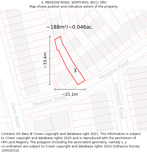 3, MEADOW ROAD, WORTHING, BN11 2RH: Plot and title map