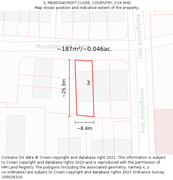 3, MEADOWCROFT CLOSE, COVENTRY, CV4 9HD: Plot and title map