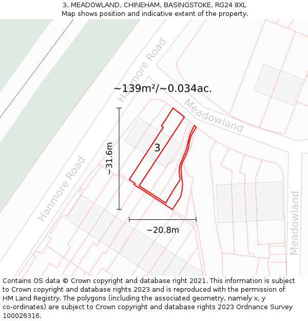 3, MEADOWLAND, CHINEHAM, BASINGSTOKE, RG24 8XL: Plot and title map