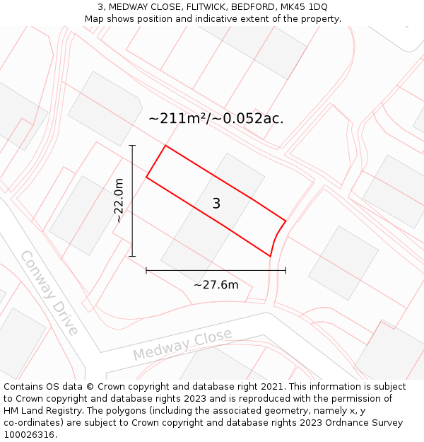 3, MEDWAY CLOSE, FLITWICK, BEDFORD, MK45 1DQ: Plot and title map
