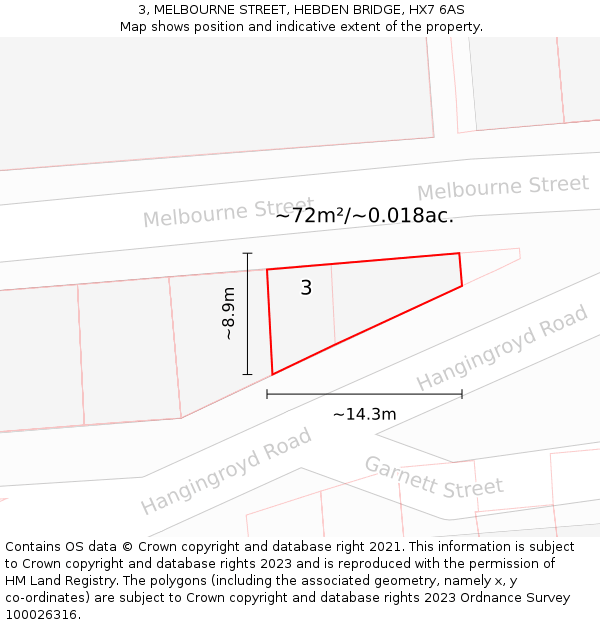 3, MELBOURNE STREET, HEBDEN BRIDGE, HX7 6AS: Plot and title map