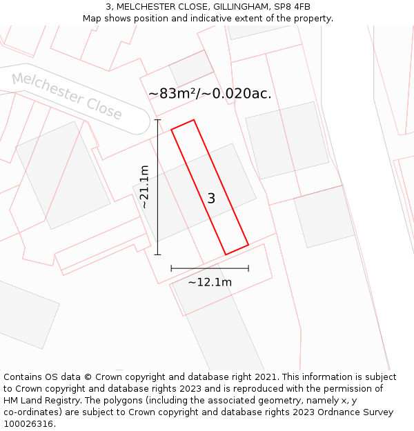 3, MELCHESTER CLOSE, GILLINGHAM, SP8 4FB: Plot and title map