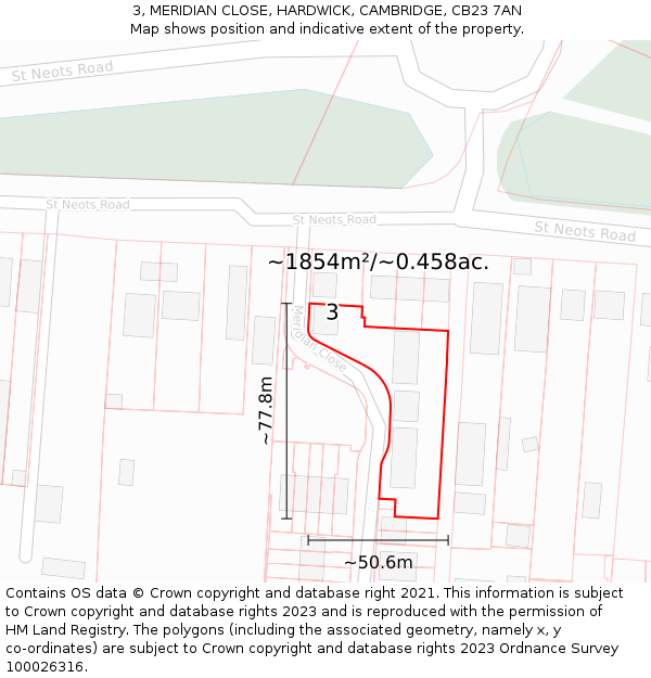 3, MERIDIAN CLOSE, HARDWICK, CAMBRIDGE, CB23 7AN: Plot and title map