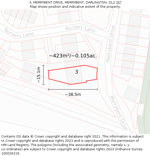 3, MERRYBENT DRIVE, MERRYBENT, DARLINGTON, DL2 2JZ: Plot and title map