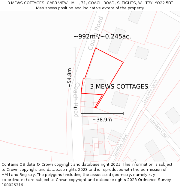 3 MEWS COTTAGES, CARR VIEW HALL, 71, COACH ROAD, SLEIGHTS, WHITBY, YO22 5BT: Plot and title map