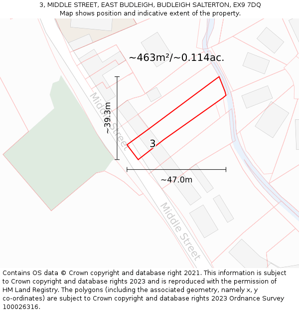 3, MIDDLE STREET, EAST BUDLEIGH, BUDLEIGH SALTERTON, EX9 7DQ: Plot and title map