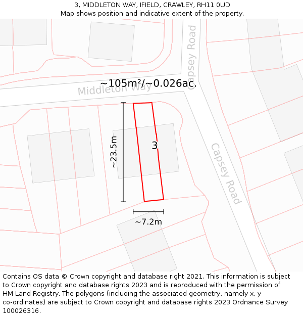 3, MIDDLETON WAY, IFIELD, CRAWLEY, RH11 0UD: Plot and title map