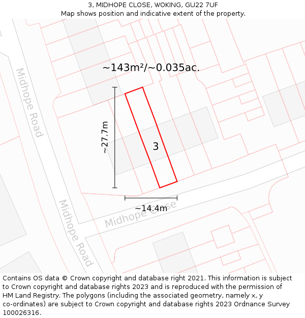 3, MIDHOPE CLOSE, WOKING, GU22 7UF: Plot and title map