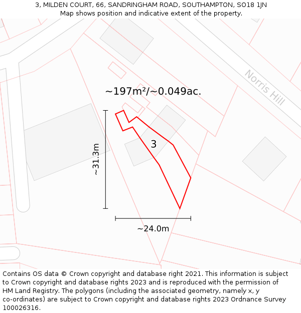 3, MILDEN COURT, 66, SANDRINGHAM ROAD, SOUTHAMPTON, SO18 1JN: Plot and title map