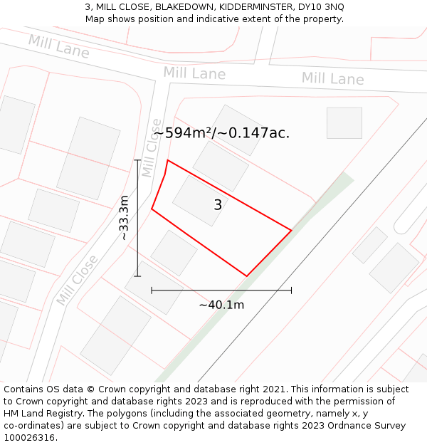 3, MILL CLOSE, BLAKEDOWN, KIDDERMINSTER, DY10 3NQ: Plot and title map