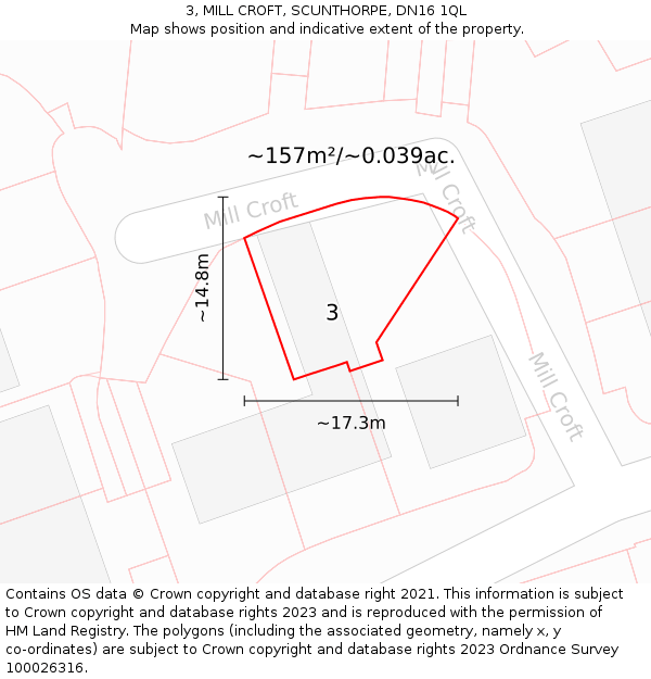 3, MILL CROFT, SCUNTHORPE, DN16 1QL: Plot and title map