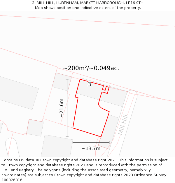 3, MILL HILL, LUBENHAM, MARKET HARBOROUGH, LE16 9TH: Plot and title map