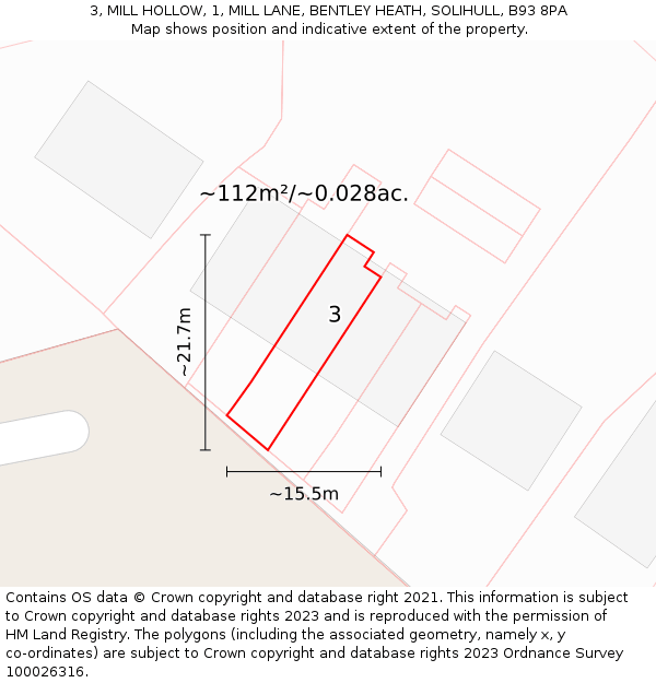 3, MILL HOLLOW, 1, MILL LANE, BENTLEY HEATH, SOLIHULL, B93 8PA: Plot and title map