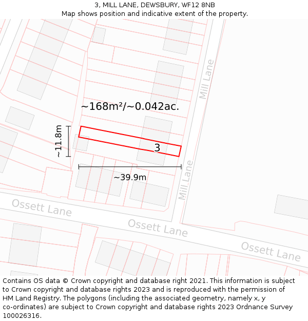 3, MILL LANE, DEWSBURY, WF12 8NB: Plot and title map