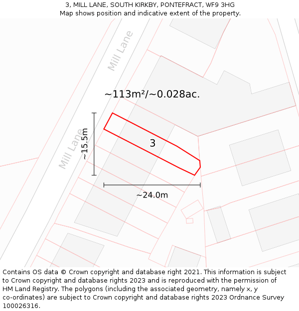 3, MILL LANE, SOUTH KIRKBY, PONTEFRACT, WF9 3HG: Plot and title map