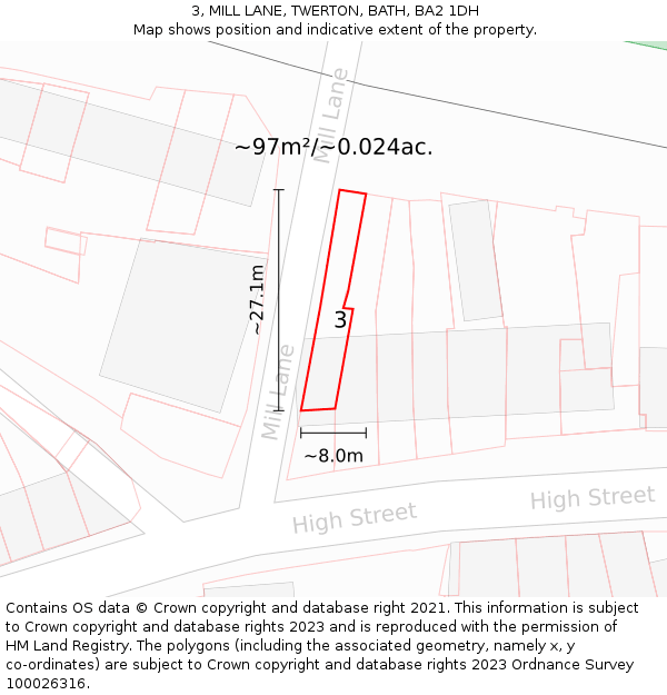 3, MILL LANE, TWERTON, BATH, BA2 1DH: Plot and title map