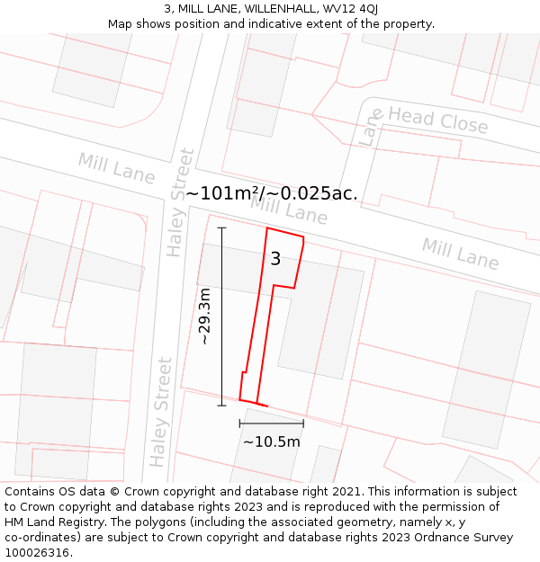 3, MILL LANE, WILLENHALL, WV12 4QJ: Plot and title map