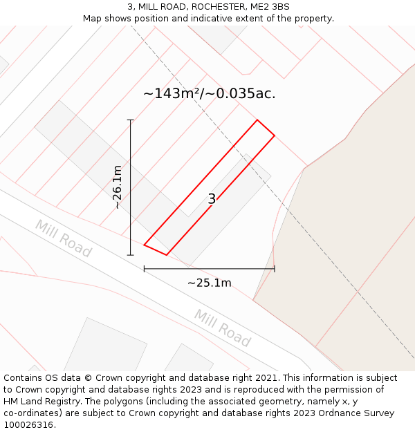 3, MILL ROAD, ROCHESTER, ME2 3BS: Plot and title map