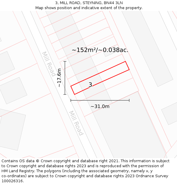 3, MILL ROAD, STEYNING, BN44 3LN: Plot and title map