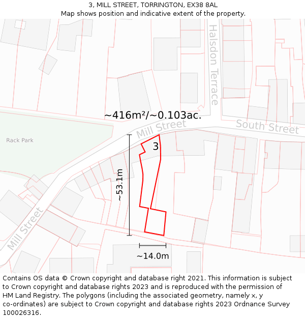 3, MILL STREET, TORRINGTON, EX38 8AL: Plot and title map