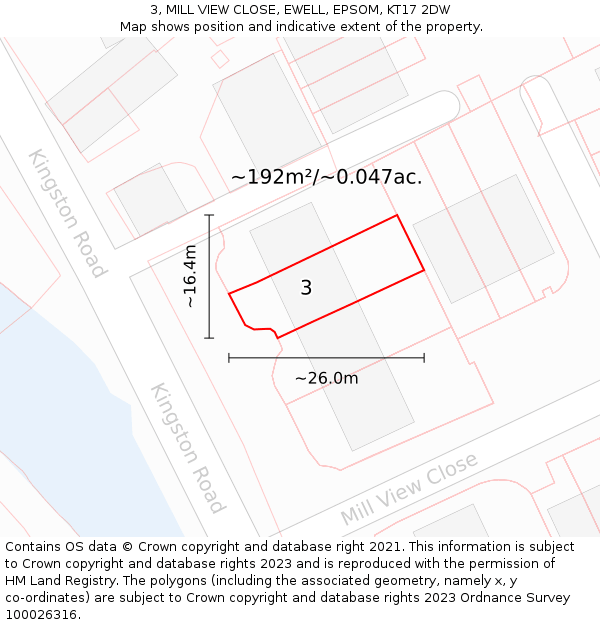 3, MILL VIEW CLOSE, EWELL, EPSOM, KT17 2DW: Plot and title map