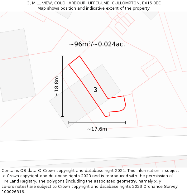 3, MILL VIEW, COLDHARBOUR, UFFCULME, CULLOMPTON, EX15 3EE: Plot and title map