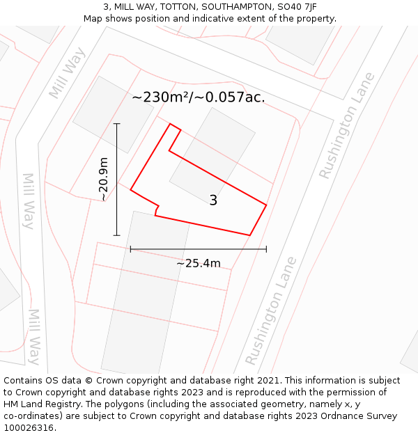 3, MILL WAY, TOTTON, SOUTHAMPTON, SO40 7JF: Plot and title map