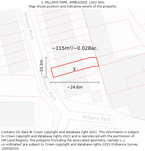 3, MILLANS PARK, AMBLESIDE, LA22 9AG: Plot and title map
